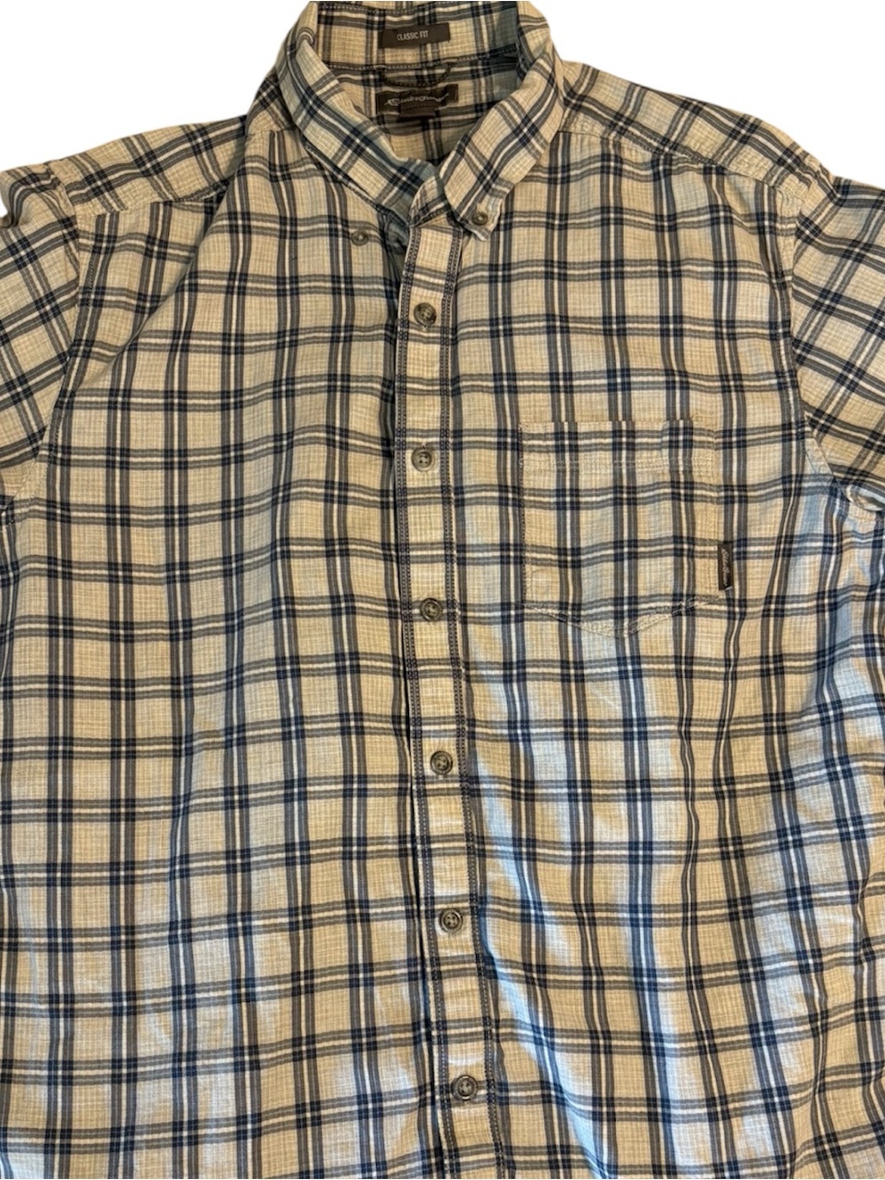 Eddie Bauer Beige and Navy Plaid Button-Down Shirt